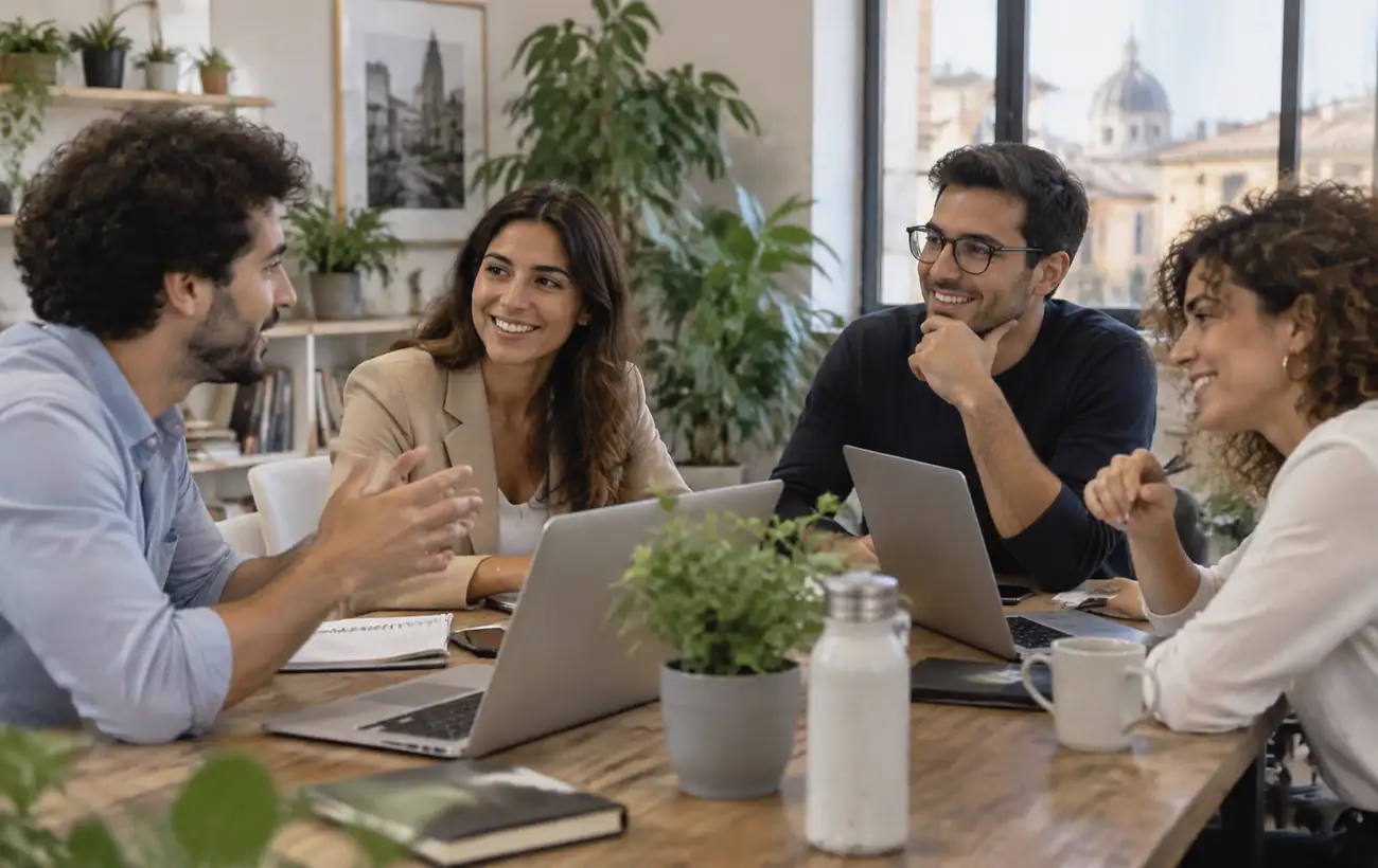 Riunione di un piccolo team in un ufficio luminoso
