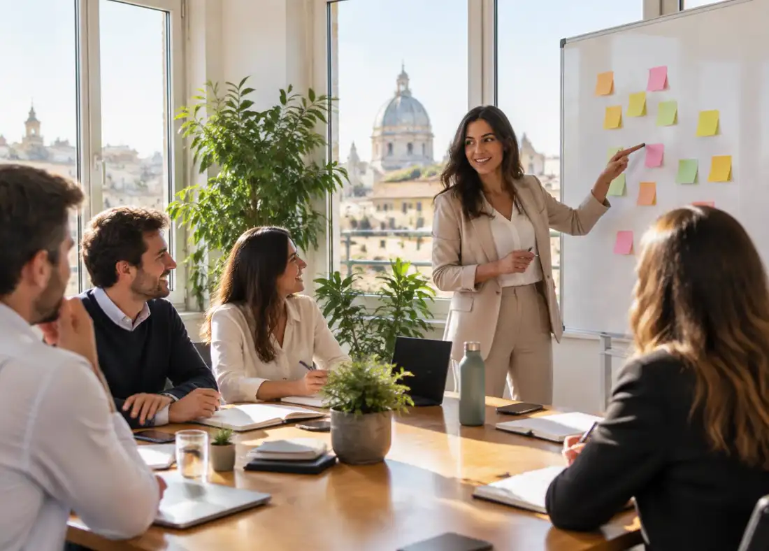 Sessione di formazione in azienda con lavagna e post-it